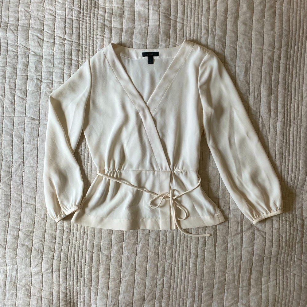 J crew faux wrap top with tie waist and size zip